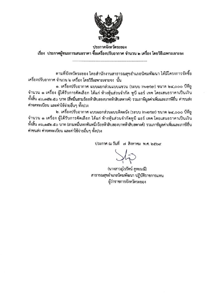 ประกาศผู้ชนะการเสนอราคา ซื้อเครื่องปรับอากาศ จำนวน 2 เครื่อง โดยวิธีเฉพาะเจาะจง